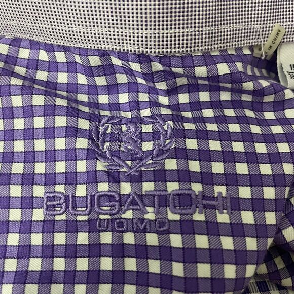 Bugatchi Uomo Men's Size 15 Purple & White Gingham Contrast Cuff Dress Shirt - Picture 7 of 8